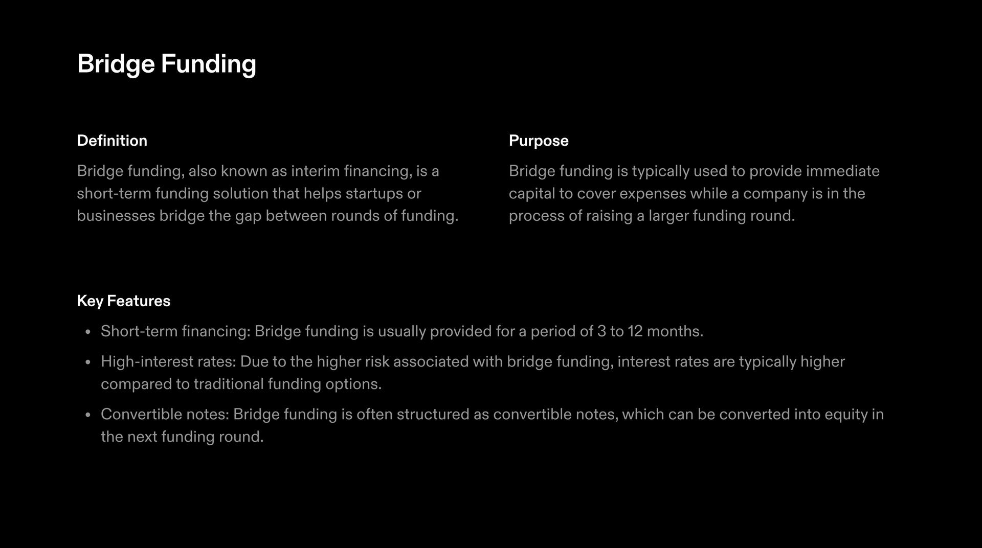 Image with definition, purpose and key features about Bridge funding for your startup